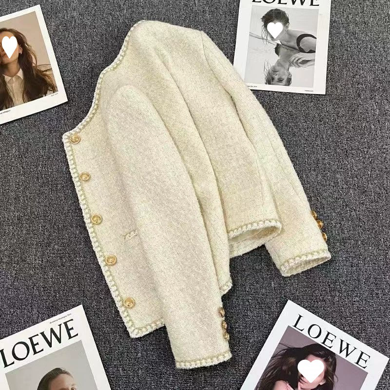 Пальто осеннее Wool Jacket, французский стиль Chanel, Rice White, подкладка, размеры S–XL