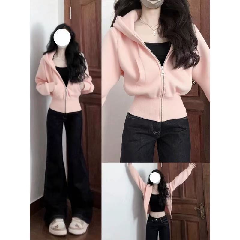 藏青色修身短款卫衣外套女秋季新款收腰显瘦上衣韩系百搭运动开衫|undefined