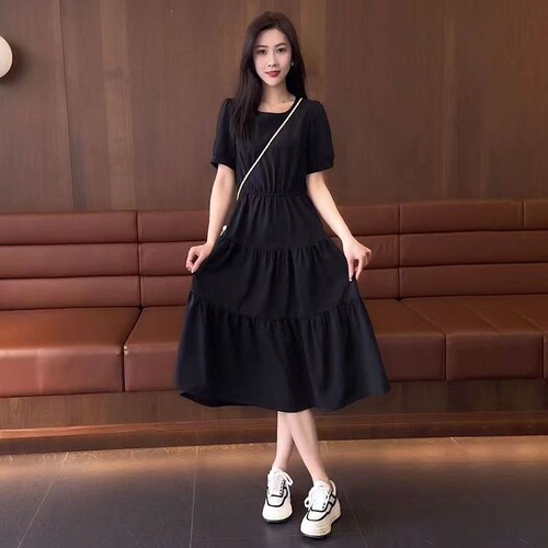 Summer short-sleeved dress, women's mid-long 2026 new style, slimming and waist, fashionable high-waisted round-neck dress