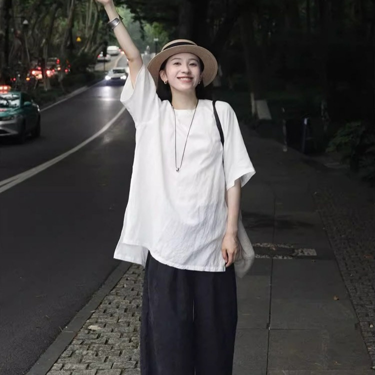 Linen Short-Sleeved T-Shirt for Women Summer 2026 New Style Side Slit Loose Blouse Lazy Style Cotton and Linen Retro Chic Top