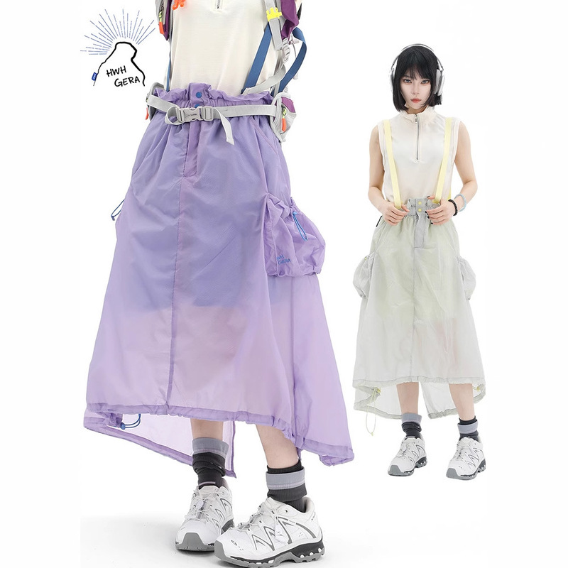 Summer New Outdoor Sports Suspender Transparent Dress Female Student Loose Webbing Pocket Long Skirt