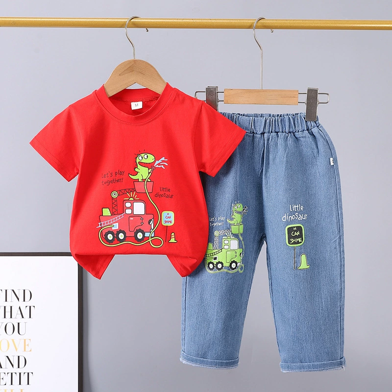 Летний детский denim комплект, мультяшные джинсы, с коротким рукавом, комплект из 2 предметов, 0-5 лет