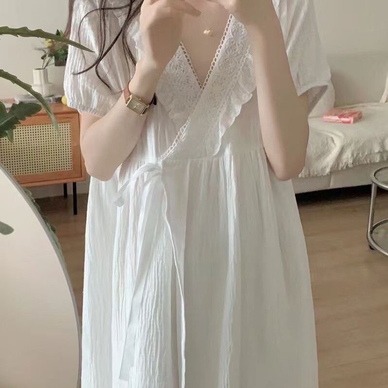 Lace-Trimmed Lazy Cardigan with Straps, Sweet Nightgown, Princess Pajamas, Summer Short-Sleeve Loose Bathrobe Nightgown