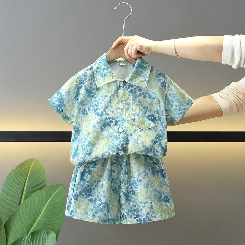 7860 traje de camisa de verano para niños 2025 nuevo estilo de moda para niños de dos piezas de manga corta ropa de estilo de playa para bebés