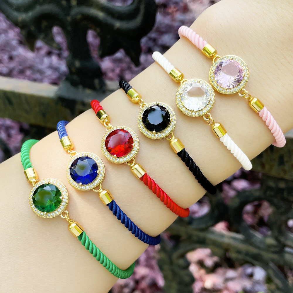 Fashion Colorful Ropes Female Bohemian Geometric Round Large Zircon Carrying Strap Copper Bracelet display picture 1