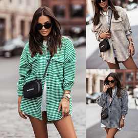 欧美外贸女装跨境上衣秋冬季亚马逊速卖通格子长袖新款中长款衬衫