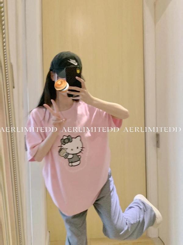 コットンガーリー韓国風イン新作ハローキティ猫プリント半袖ルーズTシャツアウターかわいいミドル丈|undefined
