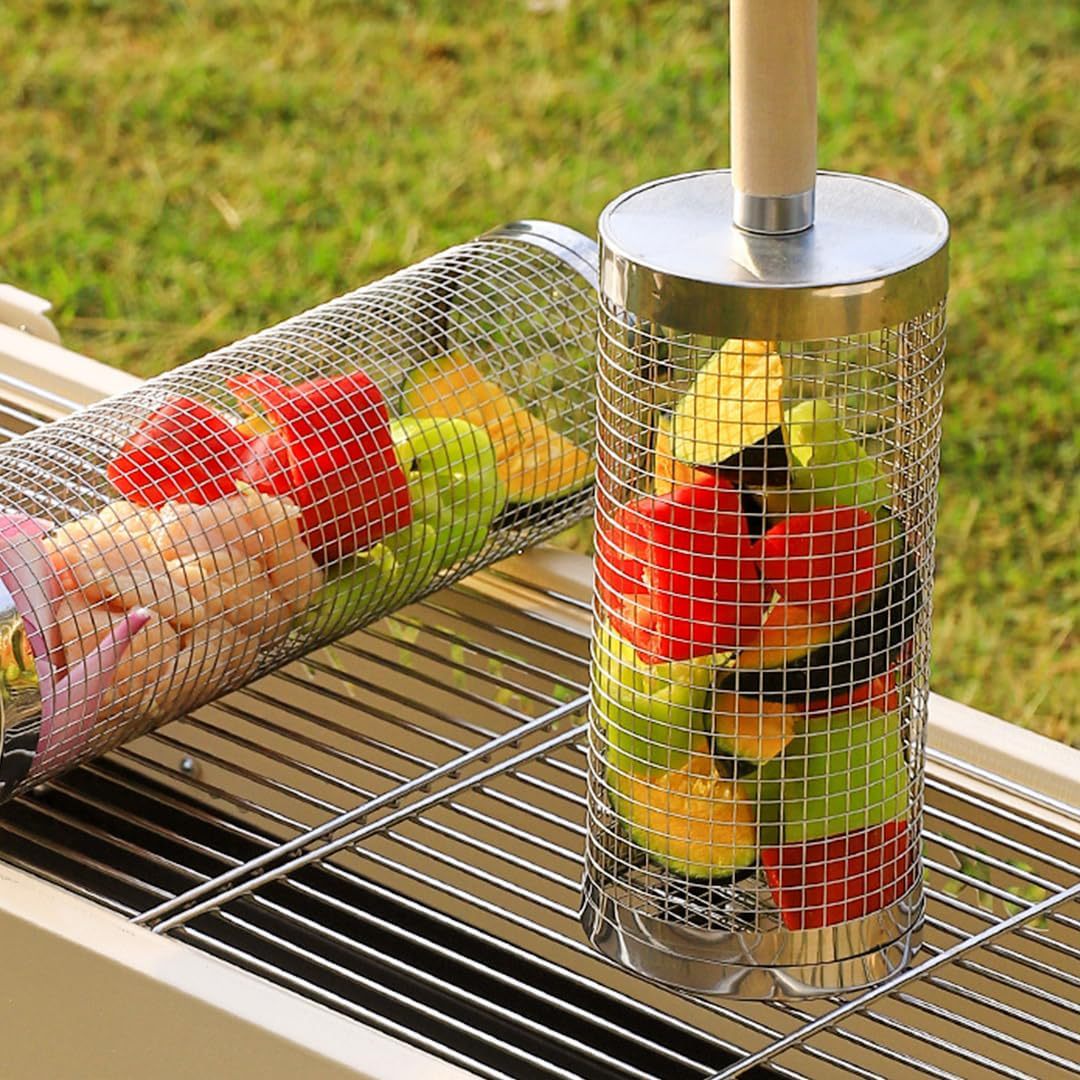 Cross-border exclusive stainless steel cylindrical barbecue cage with wooden handle, rolling barbecue grid for outdoor BBQ grilling