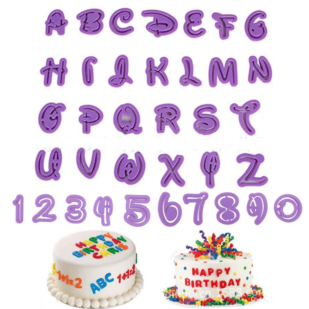 Набор для выпечки из 10 пластиковых формочек для печенья с изображением 26 букв английского алфавита и цифр в мультяшном стиле, фиолетового цвета.