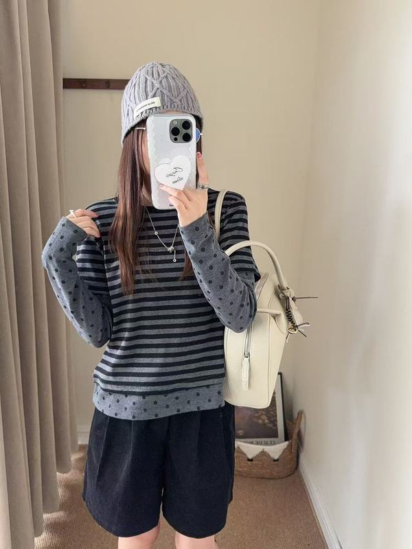 杨超越同款波点条纹拼接假两件T恤女秋新款韩版显瘦百搭长袖上衣|undefined