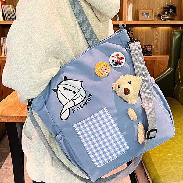 Japanese Style Harajuku Style New Shoulder Bag Cartoon Three-Dimensional Doll Tote Bag Lightweight Canvas Tutor Bag for Primary and Secondary School Students
