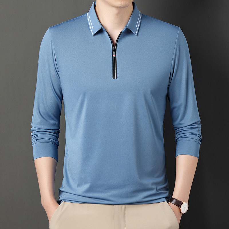 Neues Herren-Poloshirt mit halbem Reißverschluss, Langarm-T-Shirt für Frühling und Herbst, minimalistische Business-Jugend-Loose-Fit für Herren, übergroßes Papa-Outfit_voghion.com
