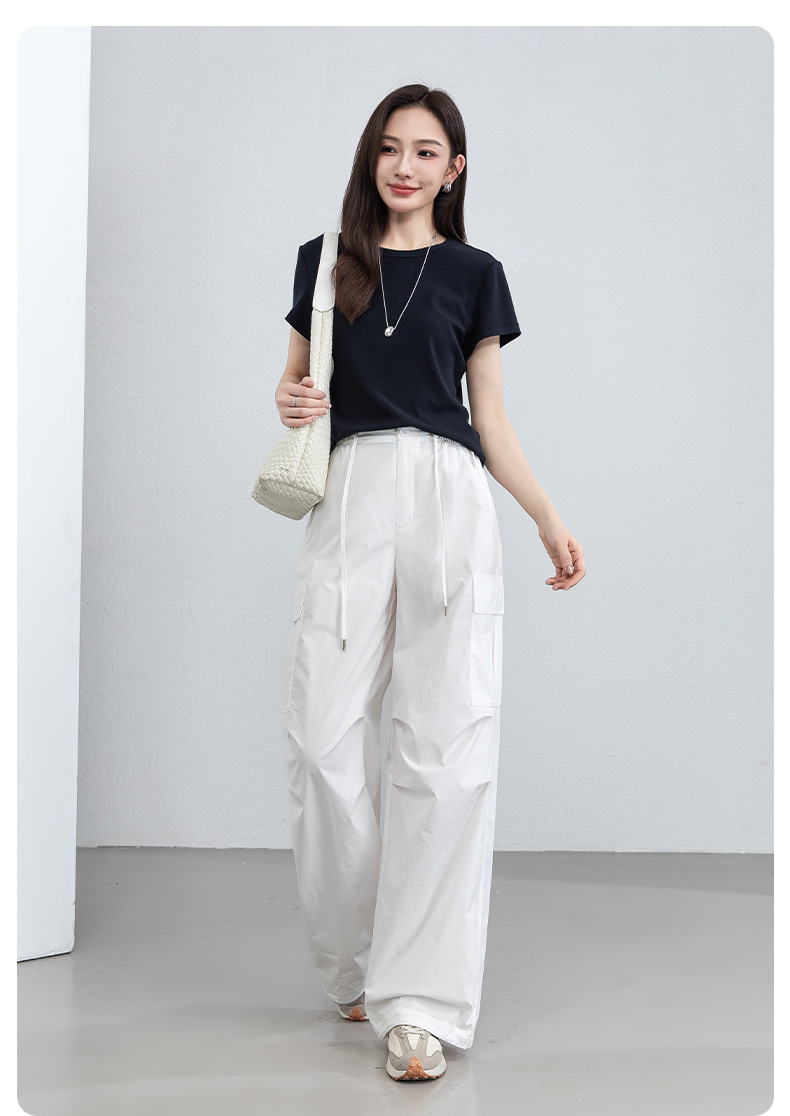 Quần ống rộng nữ cạp cao dây rút chất liệu nhẹ thoáng khí chống nắng — màu trắng chi tiết 27