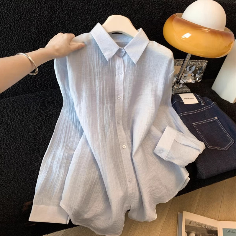 Summer Thin Sun-Protective Pearlescent Long-Sleeved Pink Shirt with Back Slit for Women New Casual Versatile Shirt for Women A10782 Summer Thin Sun-Protective Pearlescent Long-Sleeved Pink Shirt with Back Slit for Women New Casual Versatile Shirt for Women A10782