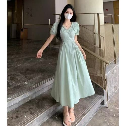 Summer Style Chic Unique Whitening V-Neck Bubblesleeve Dress New Slimming Tea Party French Waist Cinching Gentle Long Dress
