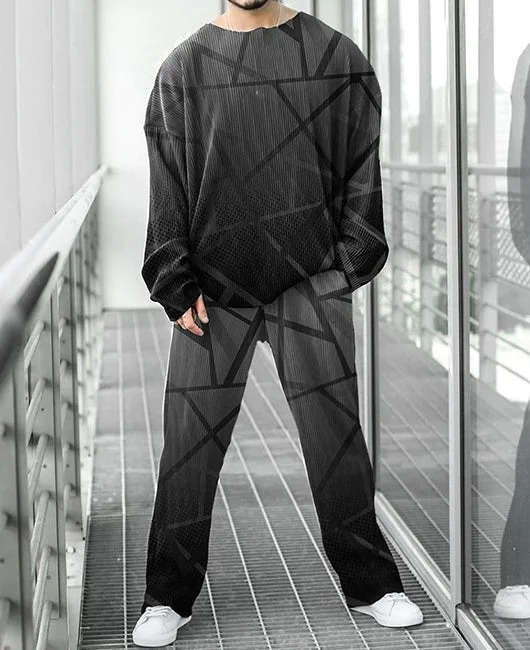 Colorido estilo personalizado estampado de dos piezas guapo otoño nuevo color contraste estilo Hong Kong cuello redondo camiseta pantalones ME6-MR10