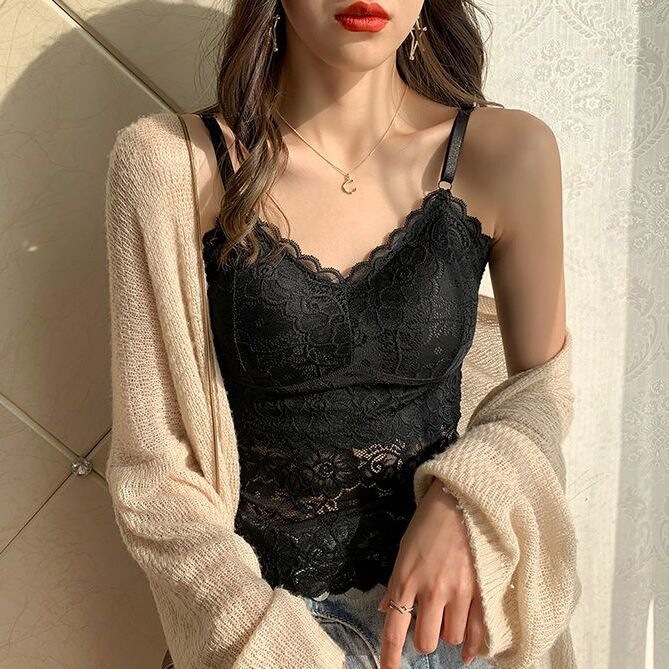Adjustable [Comes with Built-In Bra Pads, No Need to Wear a Bra] Autumn Camisole for Women, Long Lace Sexy Base Layer Underwear