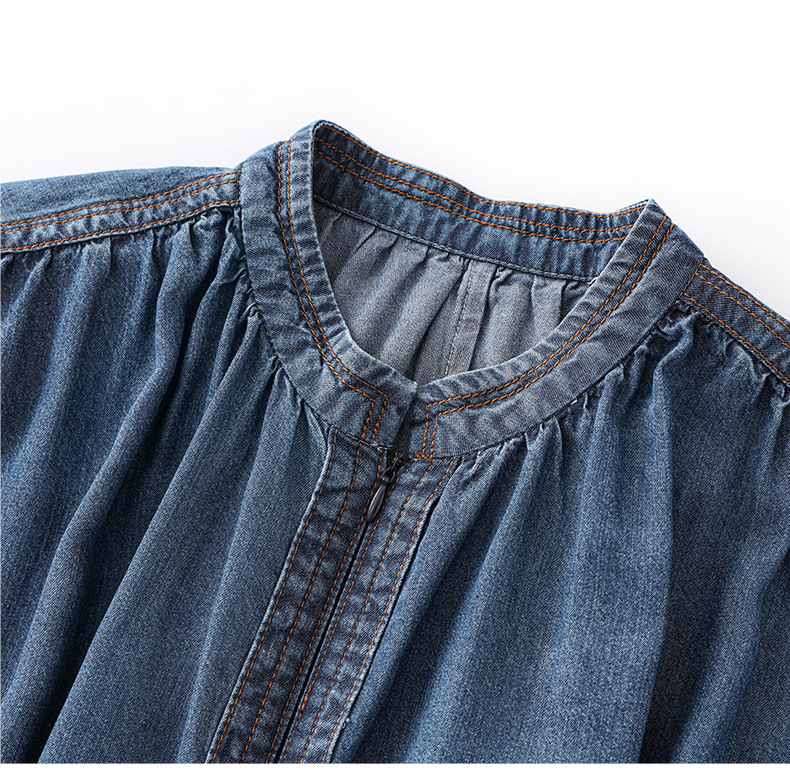Váy liền denim Tiansi dáng maxi thắt eo phong cách Pháp mùa hè — Màu xanh lam chi tiết 11