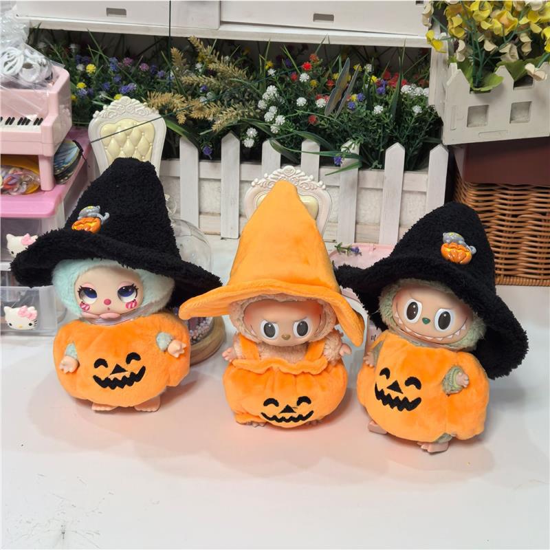 17cm Labubu Pendant Halloween Pumpkin Costume Cape Black Hat Plush Toy Little Devil Outfit