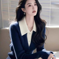 撞色polo领针织衫女2025春秋新款减龄打底衫法式气质高级感毛衣潮
