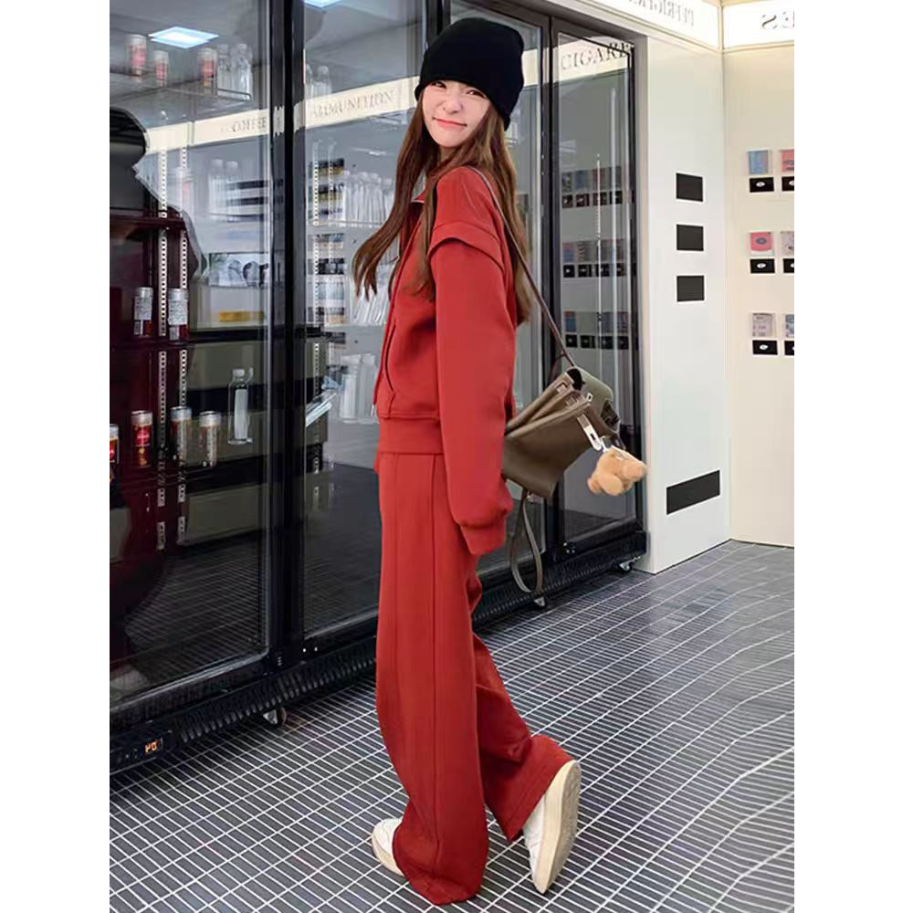 ng2510292 Pure Cotton Red Salt Sweet Style Age-Reducing Slimming Sweatshirt Sports For Women Spring And Autumn Casual Long Pants_ecoleips.com