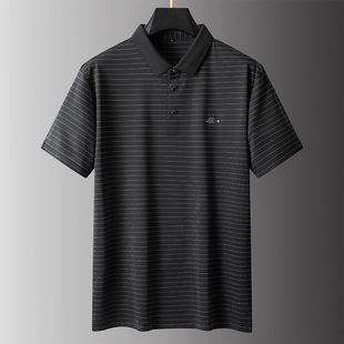 2025 New Summer Men's Plus Size Business Casual Lapel Stripesd Short-Sleeved T-Shirt