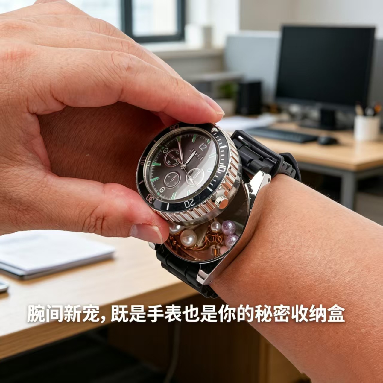 Fun watch-style pillbox 2-in-1, timed reminder for taking medicine, storage box, party/team building clue prop.