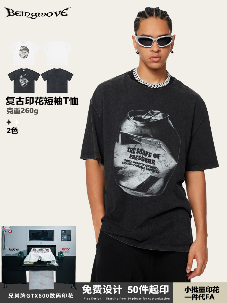 2025 verano americano marcas de tendencia de tamaño europeo in latas impresión de hombro pesado camiseta de manga corta gran ropa de hombre comercio exterior