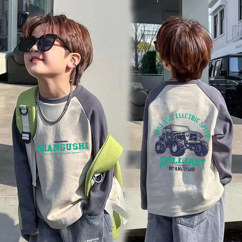 New 100% Cotton Autumn Long-sleeved T-shirt Boys Contrast T-shirt Children's Trendy Printed Handsome Base Shirt Cotton T