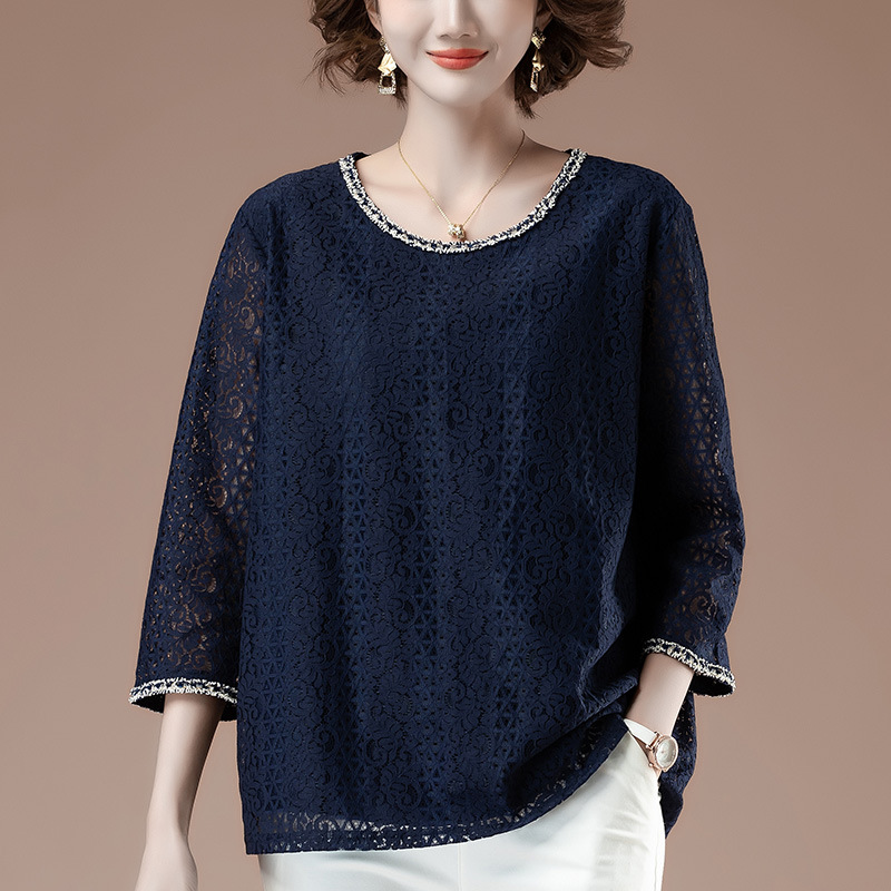 Mother's 3/4 Sleeve T-shirt, early autumn 2022 new style, plus size, loose lace top for women, 9840