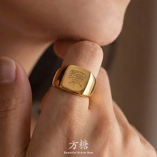 中古蝴蝶牡丹花朵雕刻戒指不锈钢镀18K金保色指环极简时尚手饰品