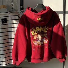 2025冬款童装儿童加绒红色连帽卫衣韩版明线卡通男童加厚柔软卫衣