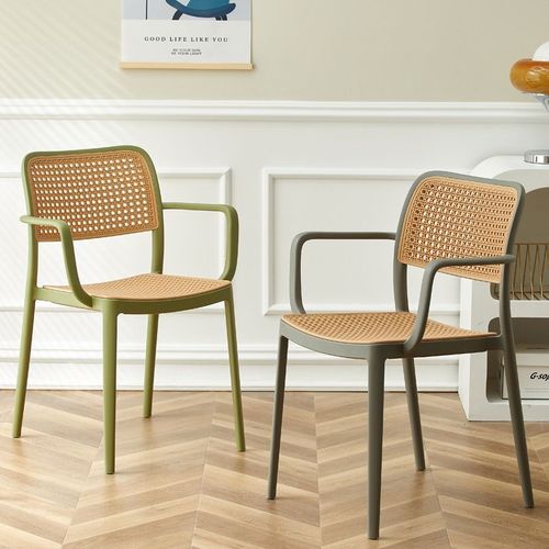 jgz藤编塑料椅子北欧家用可叠放餐椅户外休闲靠背椅小户型扶手书