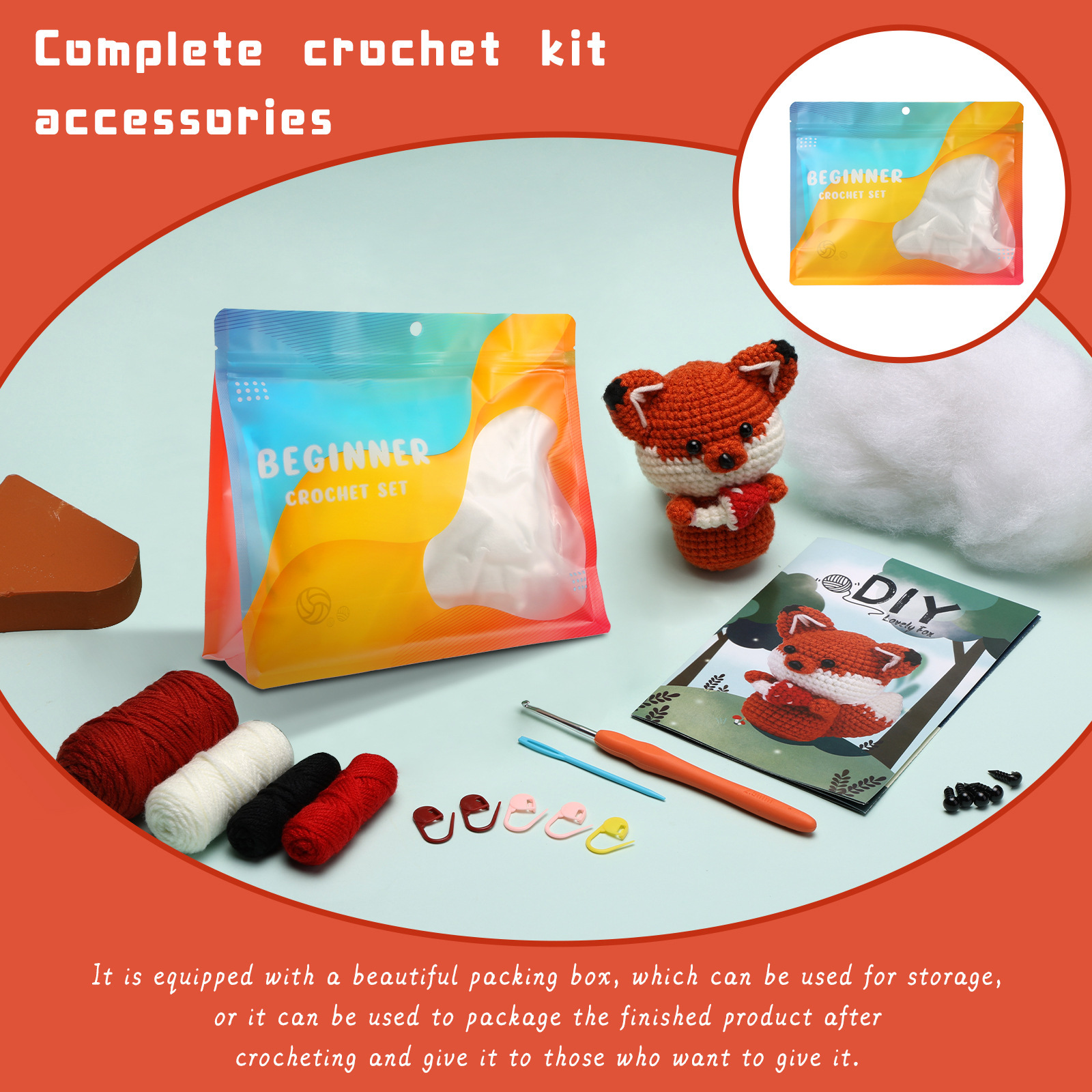 Unisex same style handmade DIY crochet wool knitted red fox doll material package_voghion.com