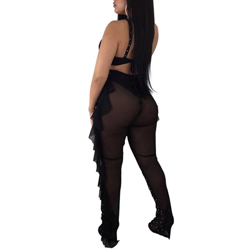 2024 nuevo producto transfronterizo Amazon ropa de mujer europea y americana malla sexy cuentas de malla oreja de madera traje ajustado tiktok