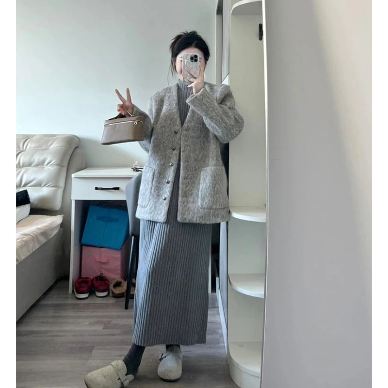 小香风套装2025春秋名媛气质收腰灰色毛呢外套内搭连衣裙子两件套|undefined