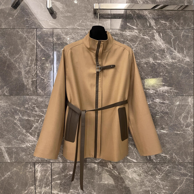High-End Stand-Up Collar Windbreaker Jacket for Women 25 Autum New Design Korean British Style Silk Wool and Genuine Leather