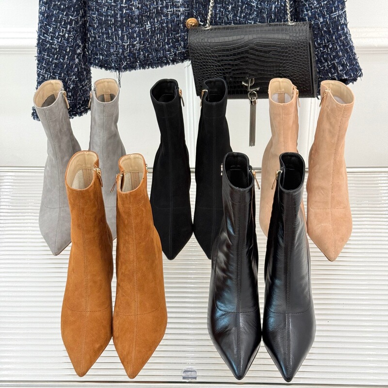 25Wf New High-Heeled Pointed-Toe Short Boots for Women French Retro Autumn and Winter European and American Style Stiletto Heels Nude Boots Slim Boots Suede