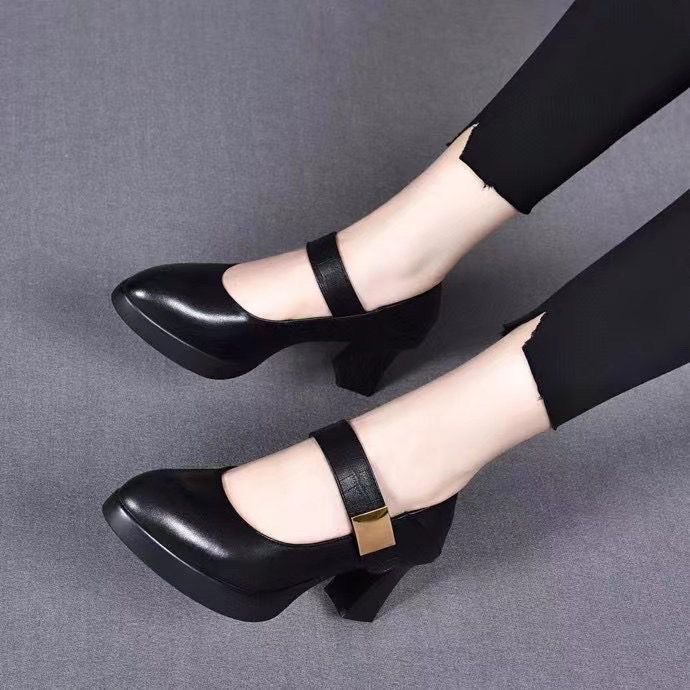 Soft Leather High Heels, Thick Heel Work Shoes, Four-Season Flats, Women's Mother's Leather Shoes, Comfortable Non-Slip Dancing Shoes for Middle-Aged and Elderly Women