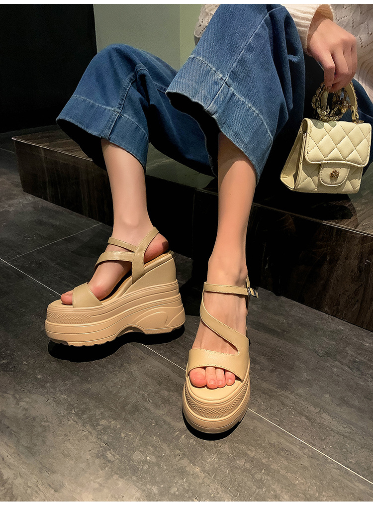 Sandal cao gót nữ hở mũi đế xuồng platform da bò thật, gót 12 cm, phong cách La Mã — màu đen, màu trắng, màu mơ chi tiết 11