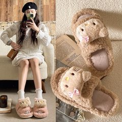 一字滑り止め毛スリッパ女冬秋冬かわいいアニメぬいぐるみ保温家室内綿スリッパ女