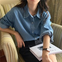 实拍韩版女式简约百搭polo领长袖牛仔衬衫女现货休闲百搭春装新品