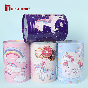 New creative unicorn cartoon design cylinder cartoon figure savings piggy bank tinplate material coin jar dense