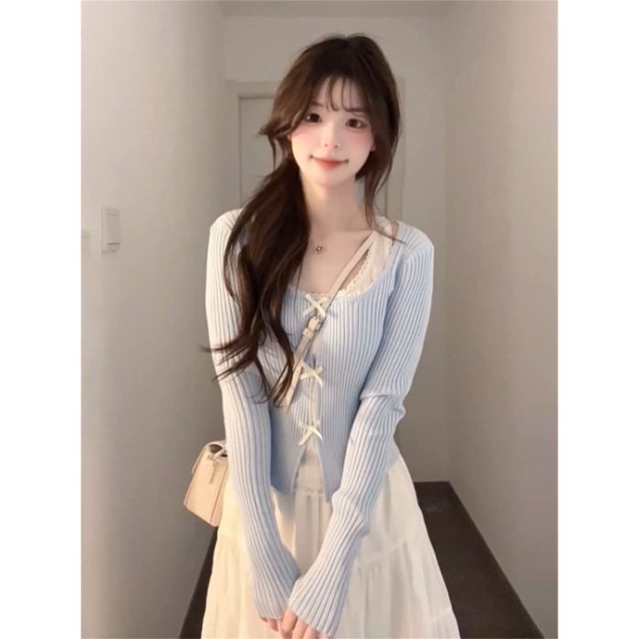 小个子女生的春秋时尚流密码蓝色纯欲风蝴蝶结假两件上衣配半身裙|undefined