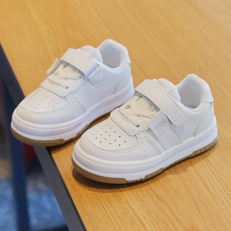 Children's low breathable non-slip wear-resistant white shoes for boys for leisure with velcro, trend of season