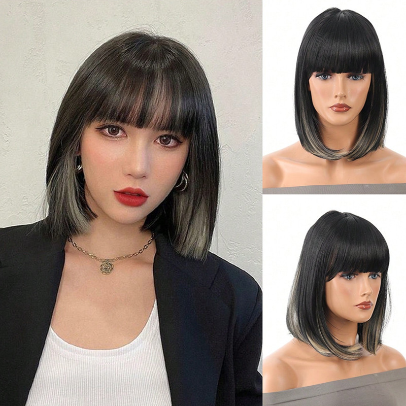 Gray Pink Bob Wig for Women with Bangs, Short Straight Hair, Burgundy Short Straight Hair with Bangs for Women