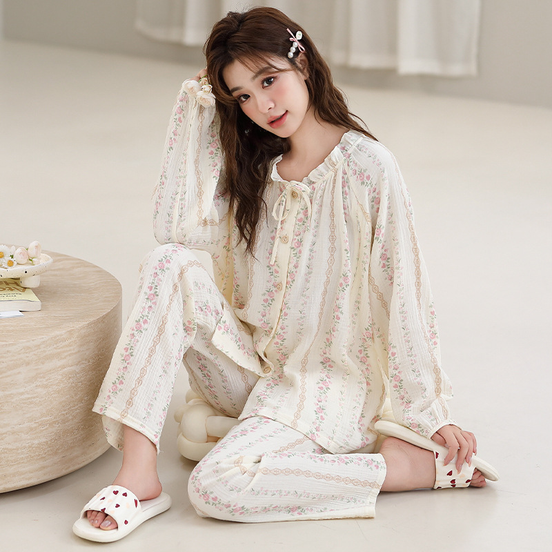 순면 산후 의류 보이지 않는 지퍼 더블 레이어 크레페 얇은 거즈 임산부 잠옷 여름 모유 수유 세트 도매