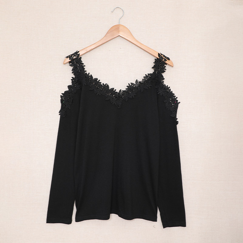 时颖欧美蕾丝t恤女春新款跨境v领套头衫亚马逊长袖蕾丝性感上衣女