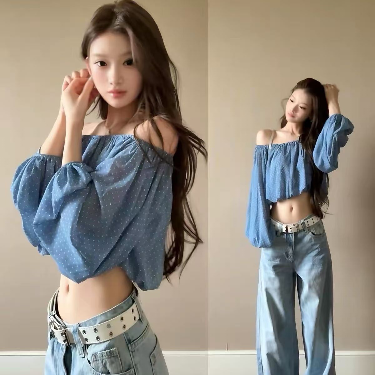 LC723实价！蓝色波点一字肩衬衫女夏季纯欲性感辣妹收腰短款露脐