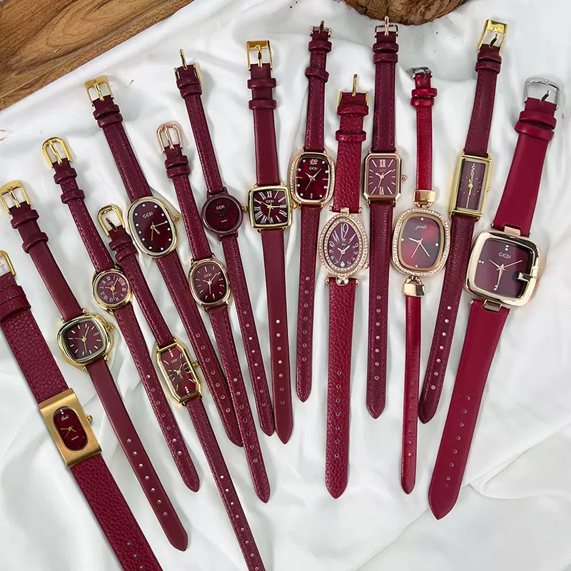 歌迪时尚潮流安可拉红皮带表小众高级感红色石英女表复古简约手表